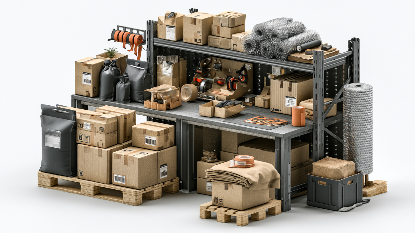 Isometric warehouse scene with stacked packaging supplies and a despatch bench