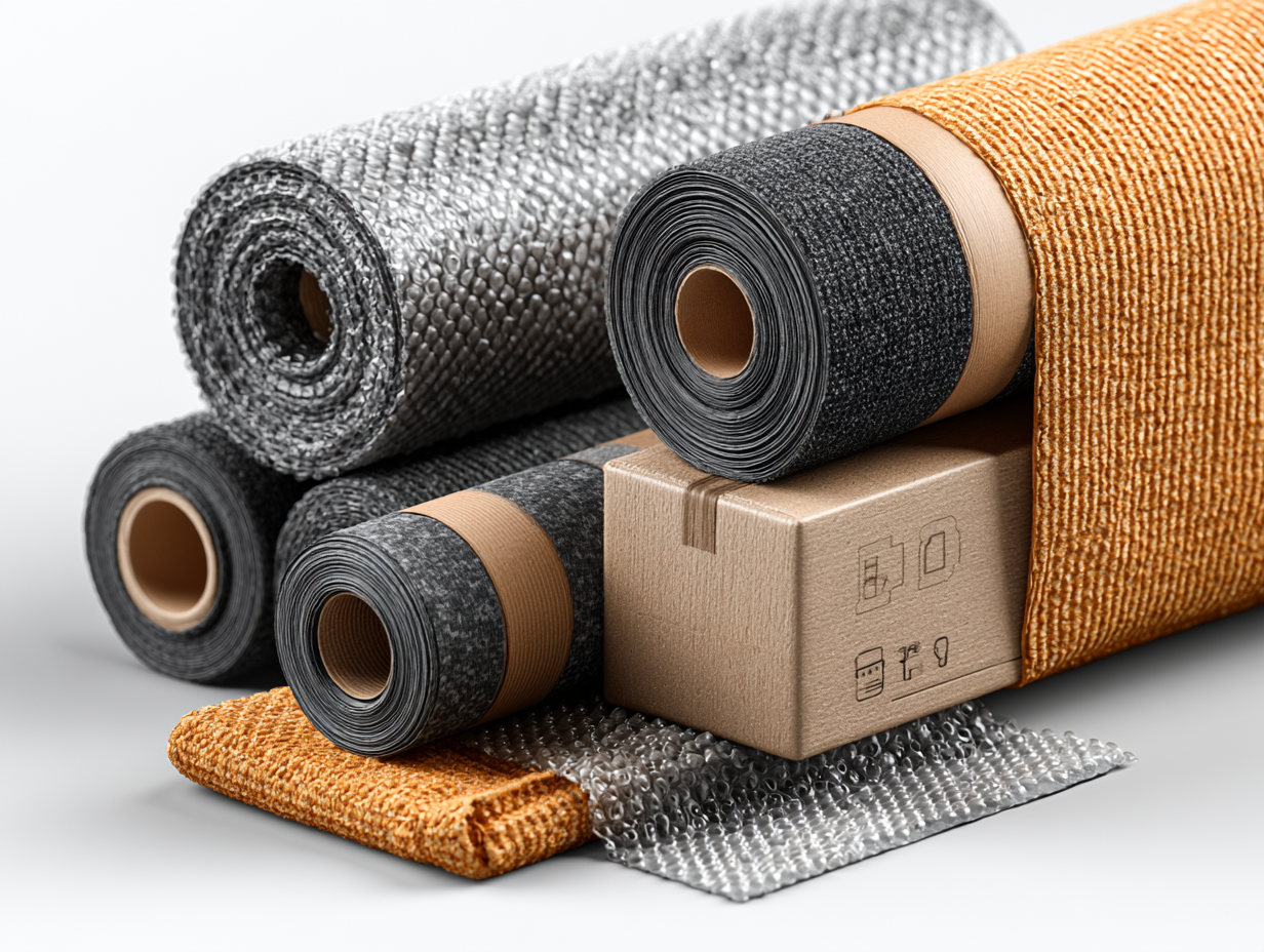 Isometric illustration of clear small-bubble protective wrap rolls