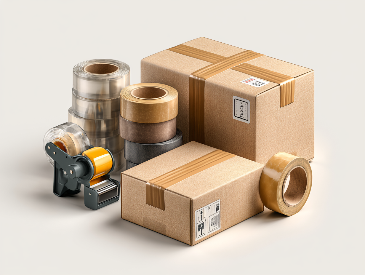 Isometric illustration of brown and clear packing tape rolls