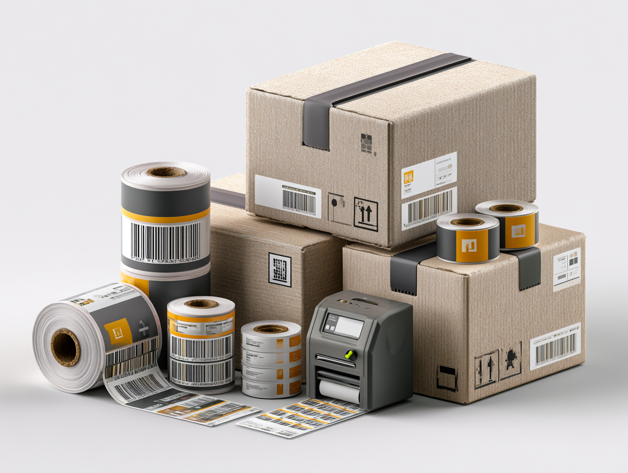 Isometric illustration of white thermal shipping label rolls