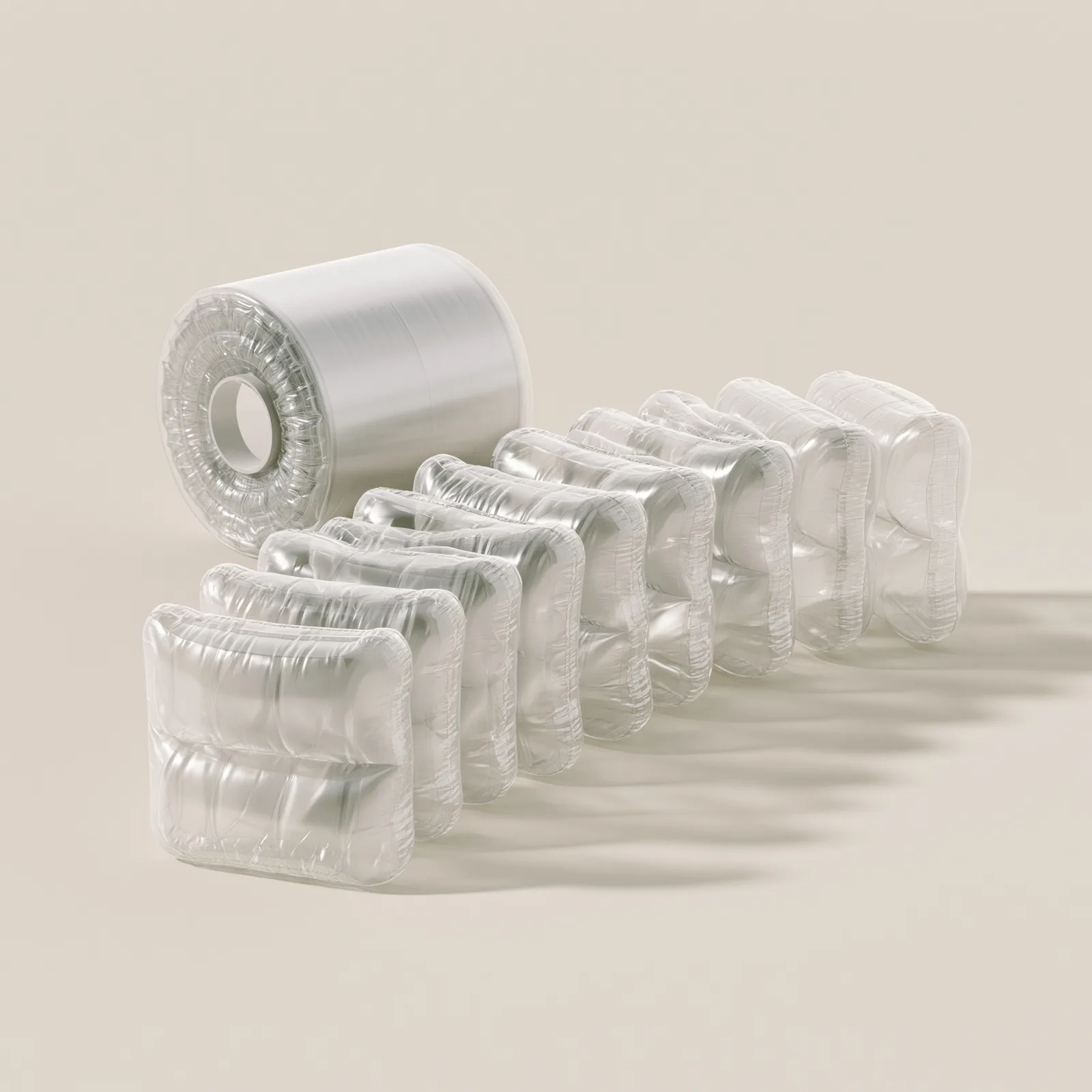 Chain of inflated clear air cushion pillows