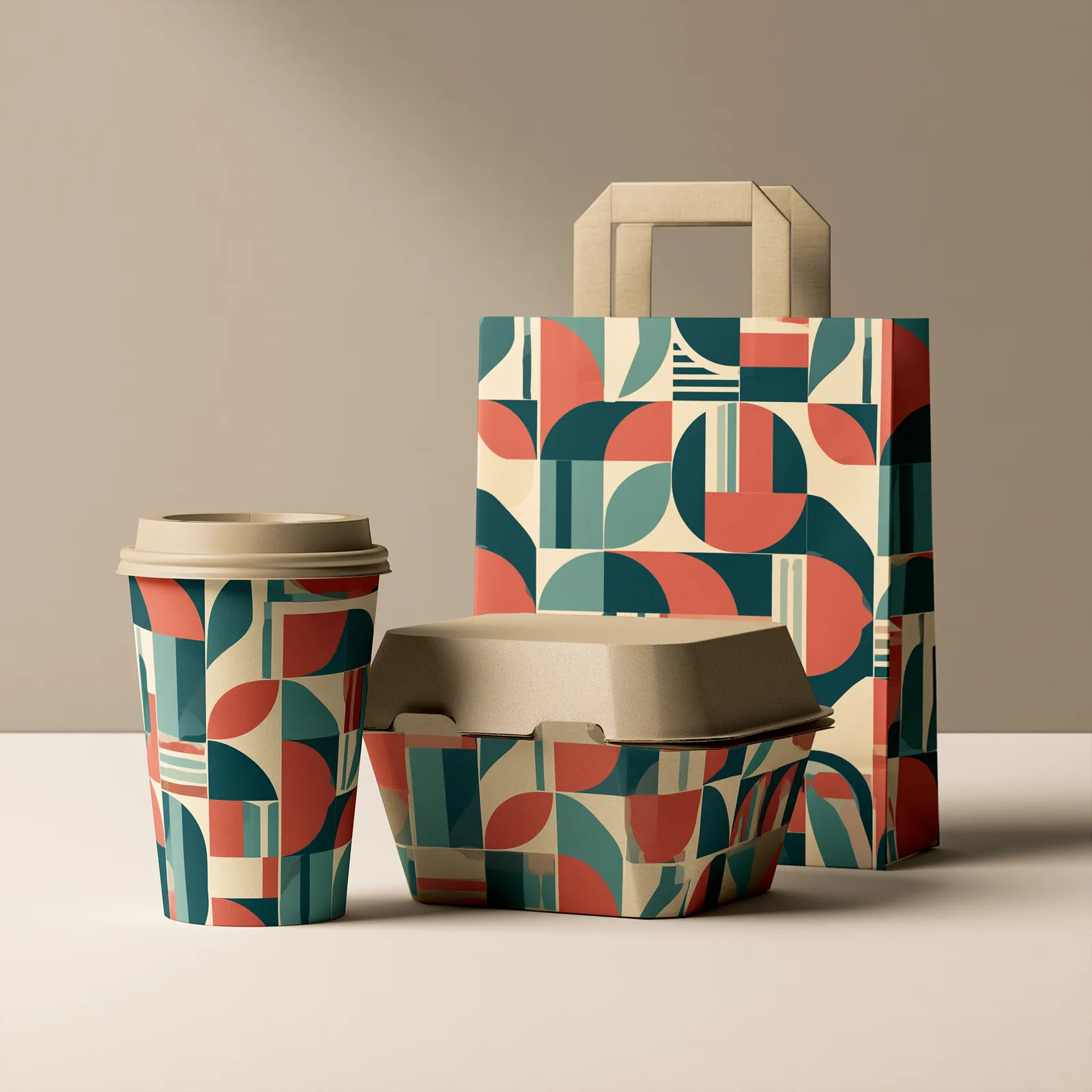 Branded printed coffee cups and food boxes on a counter