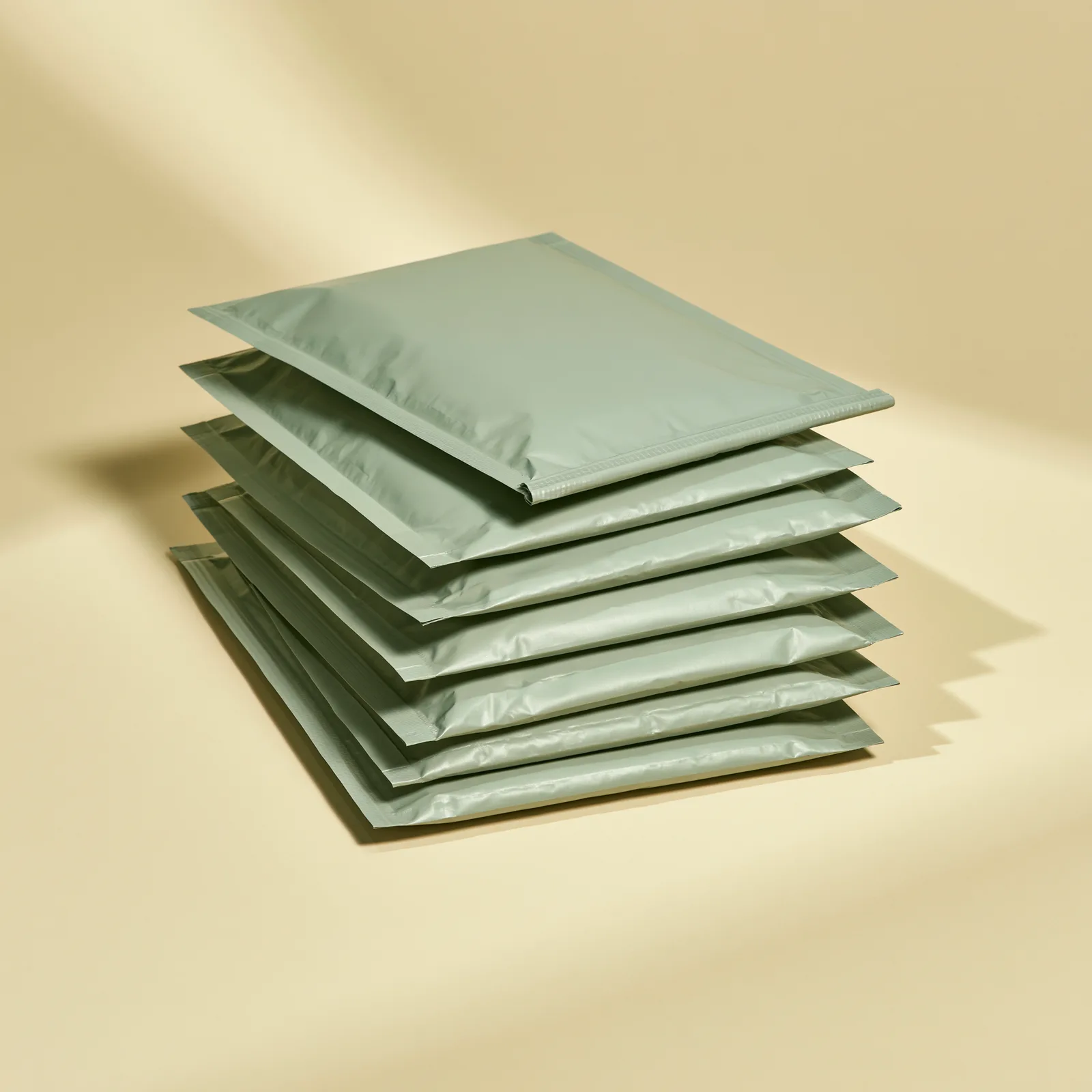 Green-tinted compostable mailing bags stacked flat