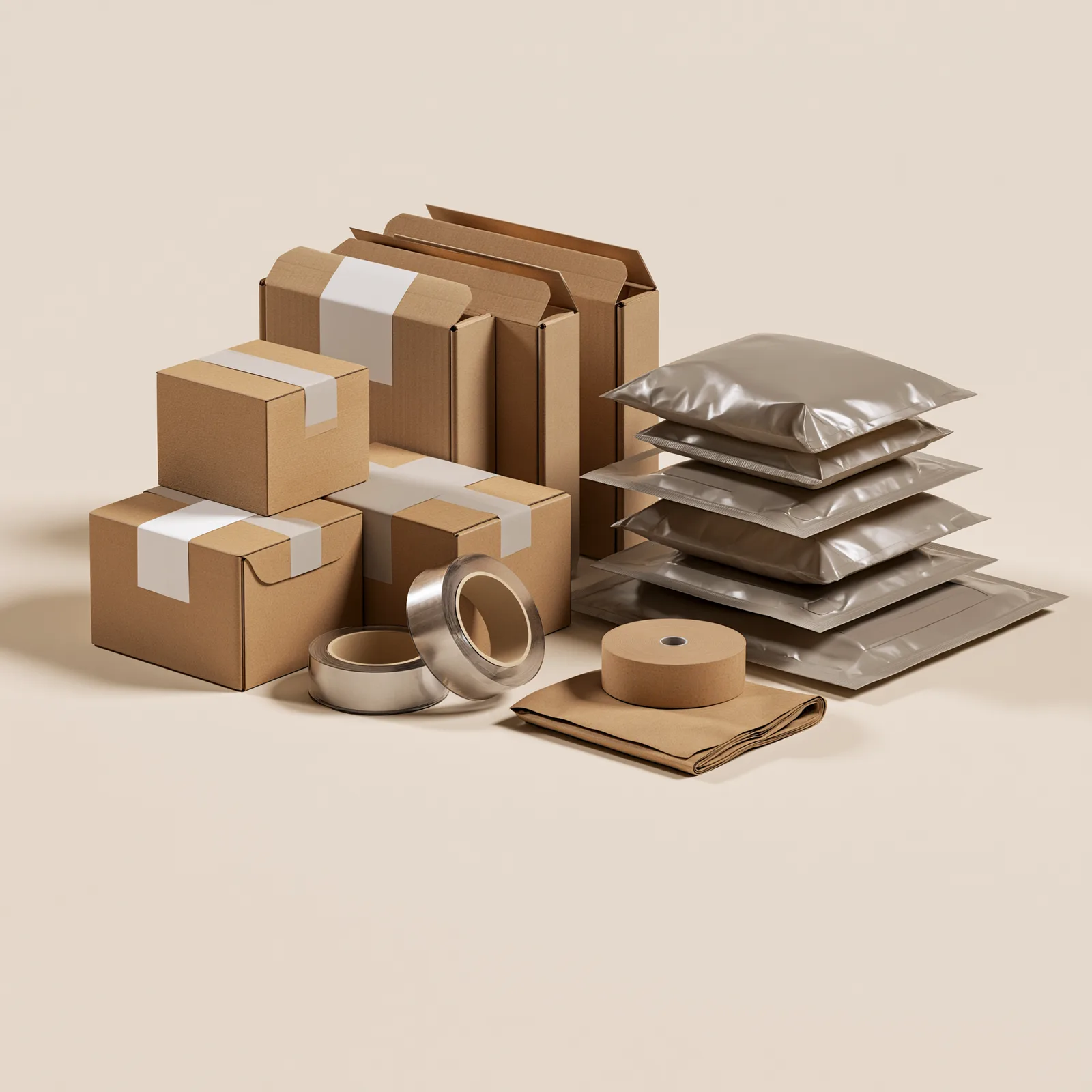 Ecommerce starter packaging kit with boxes, bags and tape