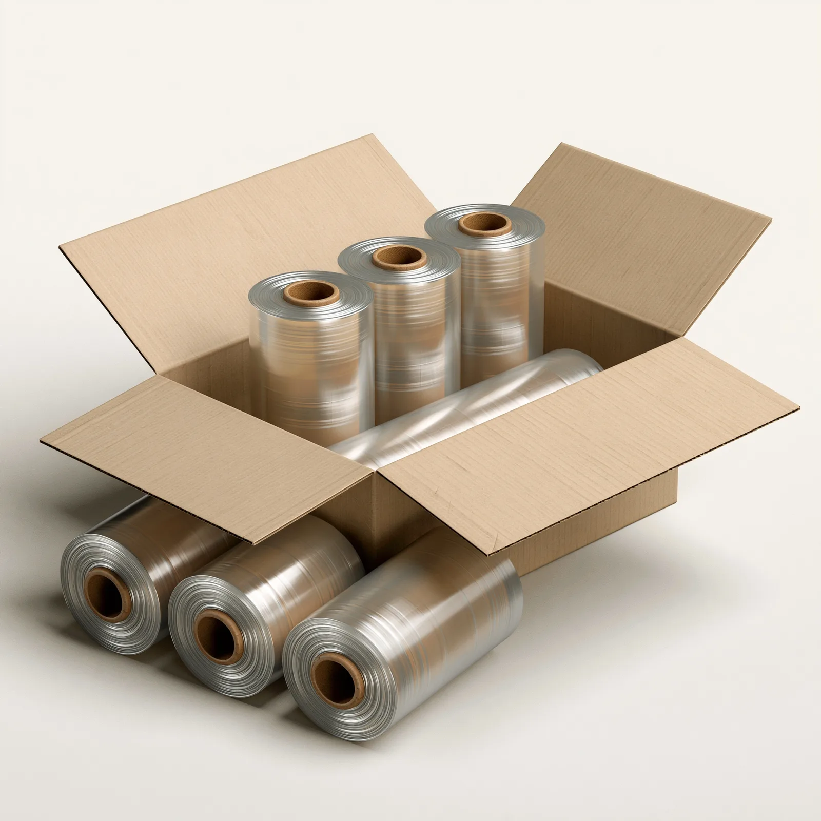 Box of clear hand pallet stretch wrap rolls