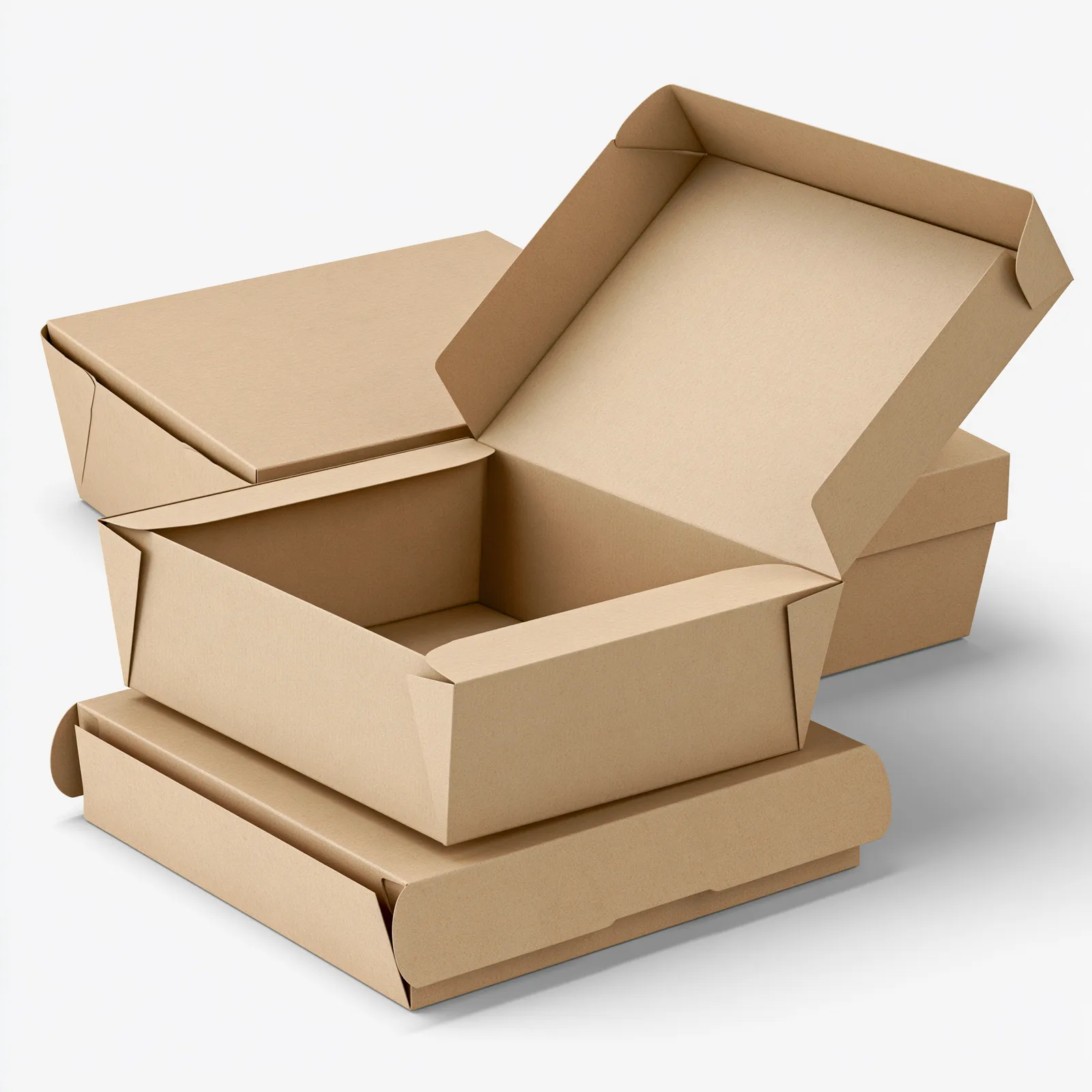 Medium kraft takeaway food boxes stacked open
