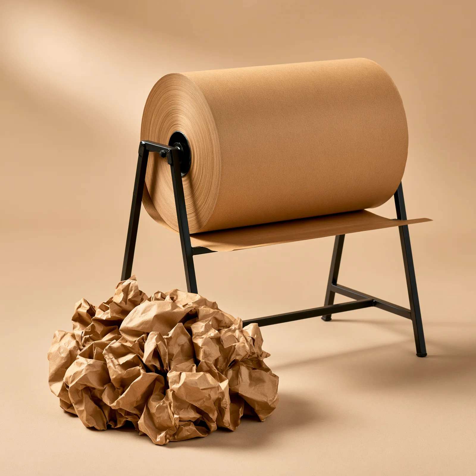 Roll of brown kraft void-fill paper on a dispenser stand