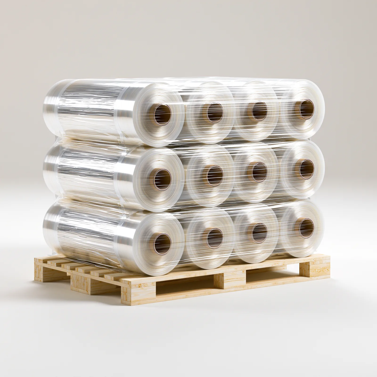 Pallet of machine stretch film rolls in a warehouse