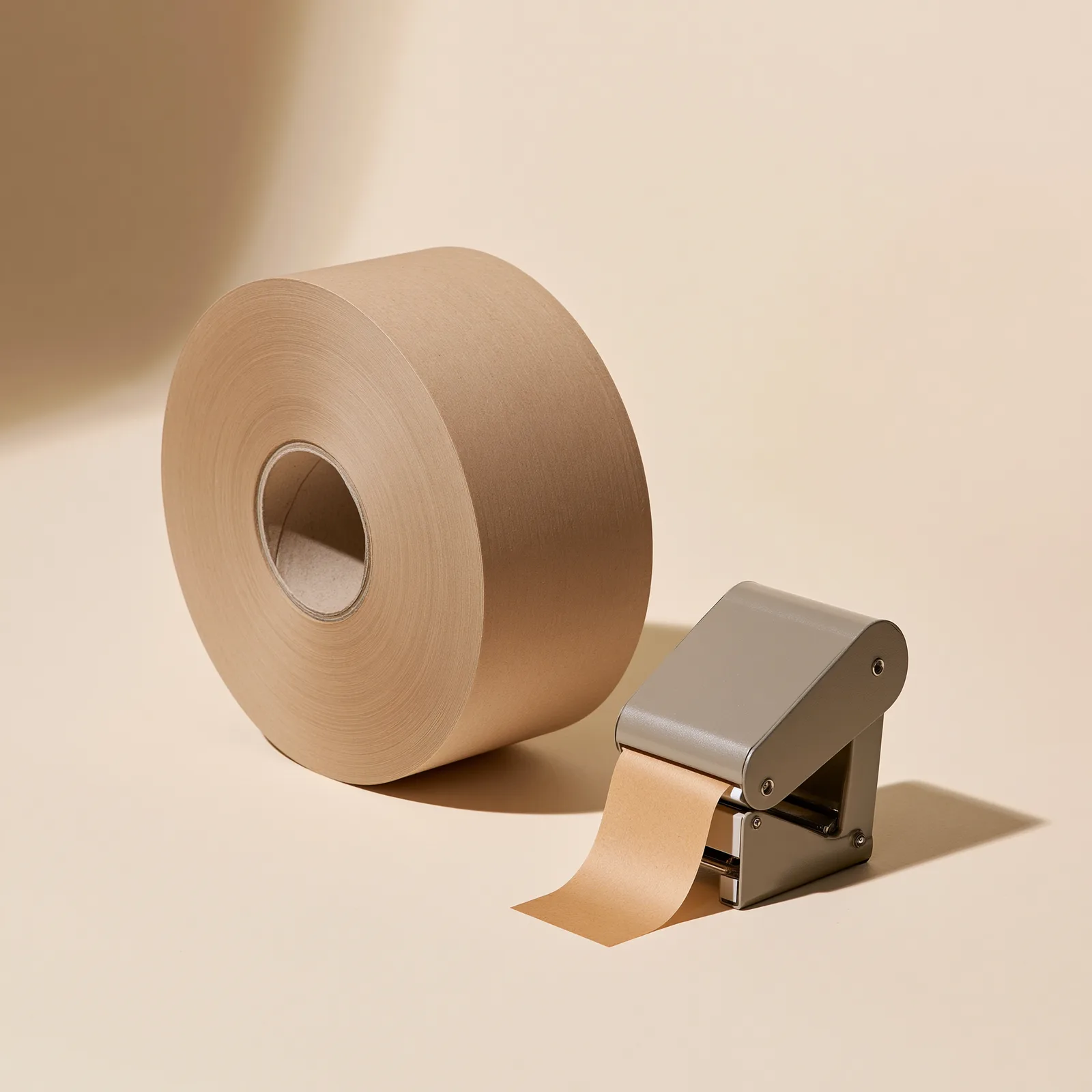 Roll of brown paper gummed tape beside a dispenser